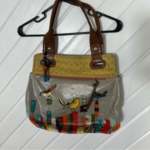 FOSSIL Key-Per Gray Coated Canvas Leather Tote Shoulder Bag Purse City Birds